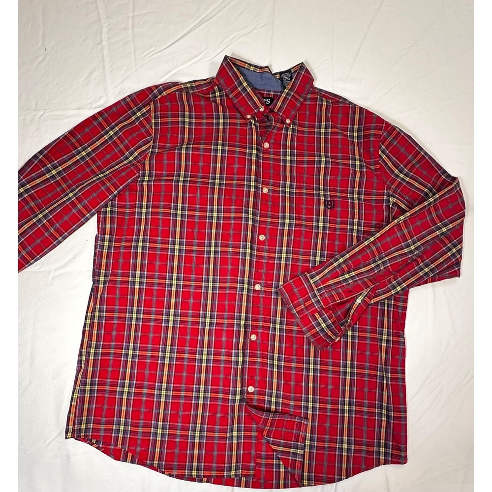 Chaps Men's Button Down Easy Care Long Sleeve Shirt Red Plaid XL